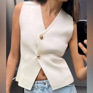 Zara Knit Asymmetrical Gold Button Ecru Vest Sleeveless Top